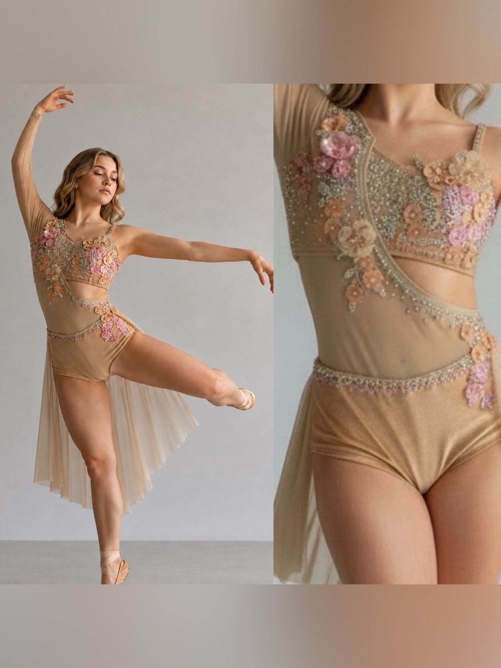 Glamour Solo Dance Costume XLC Nude Illusion Rhinestone Floral 2 Piece Lyrical